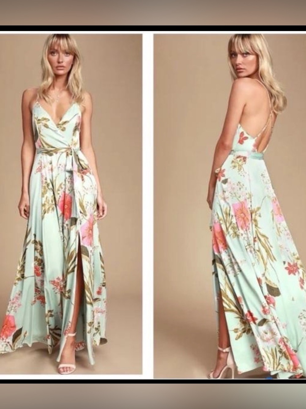 Lulu’s Still the One Maxi Dress Sage Green Coral Floral Satin